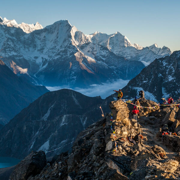 Group of trekkers on Gokyo Ri above Gokyo in the Khumbu region of Nepal