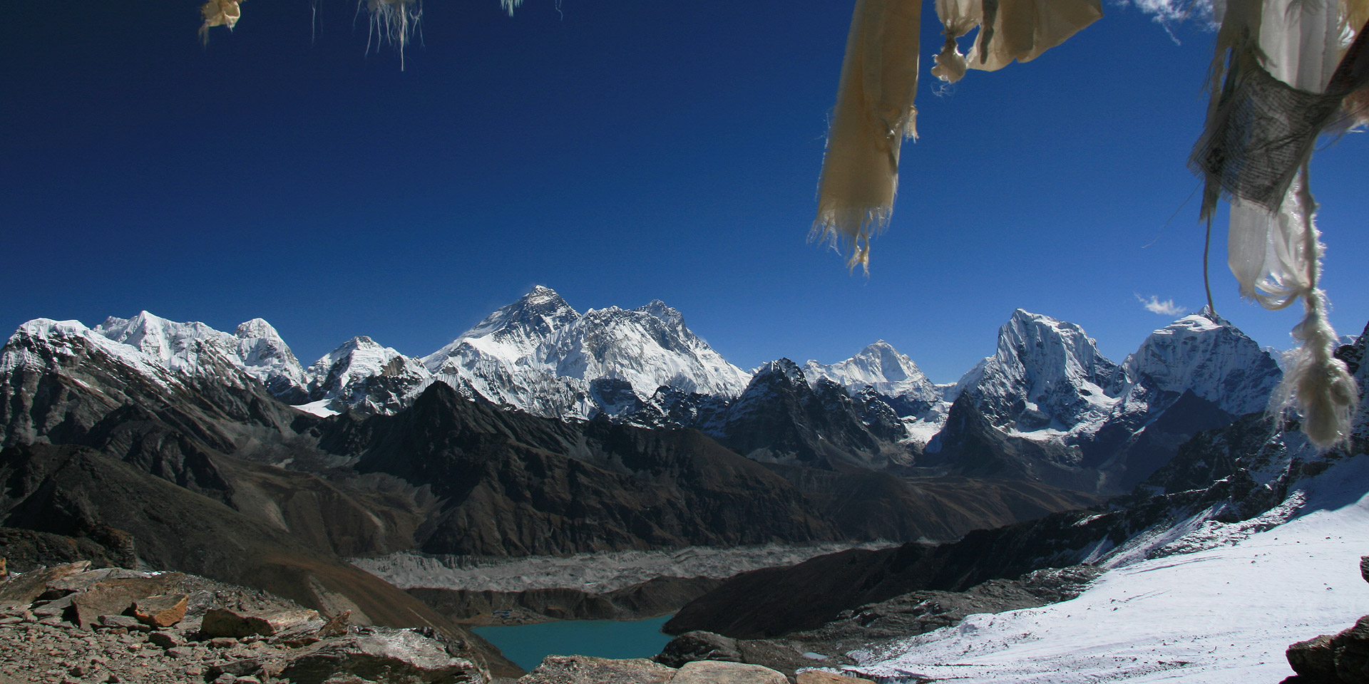 Renjo La view to Gokyo and Everest in the Khumbu region of Nepal
