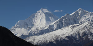 View of Dhaulagiri and Tukuche peaks from the trail to Lupra in the Mustang region of Nepal