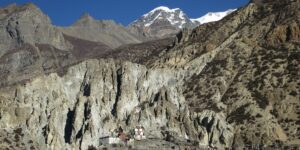 Braga Monastery with the peak of Chulu high above on the Annapurna circuit trek