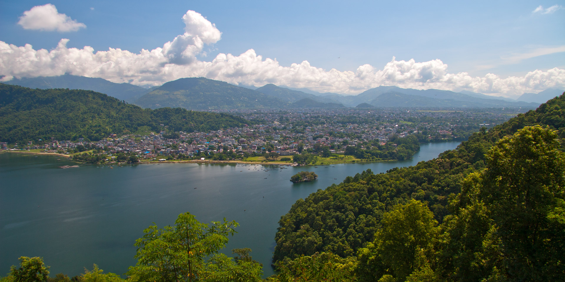 View of lakeside in Pokhara from the trail to the peace stupa