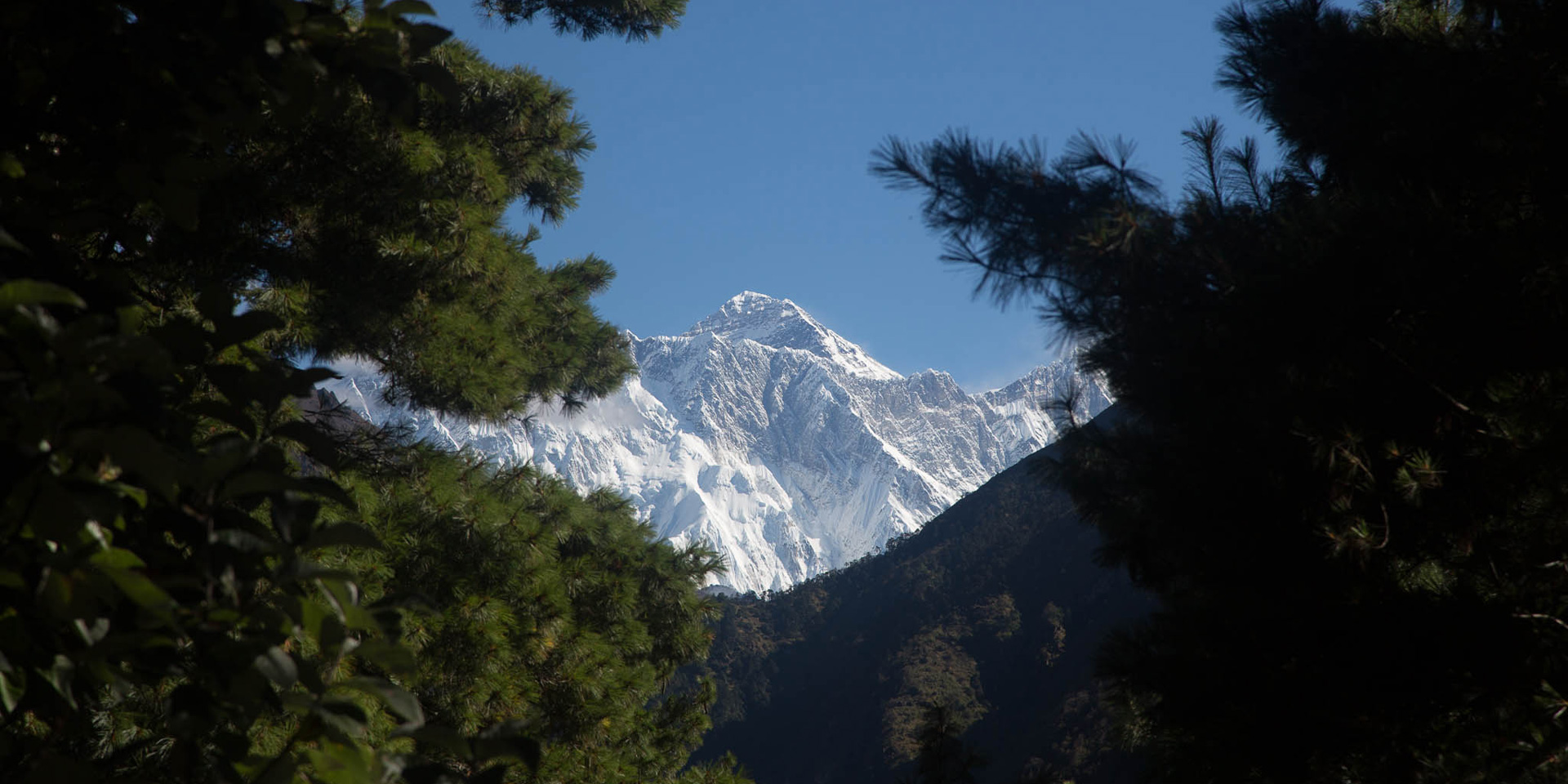 Mount Everest seen from the trail up to Namche Bazaar in Khumbu region of Nepal