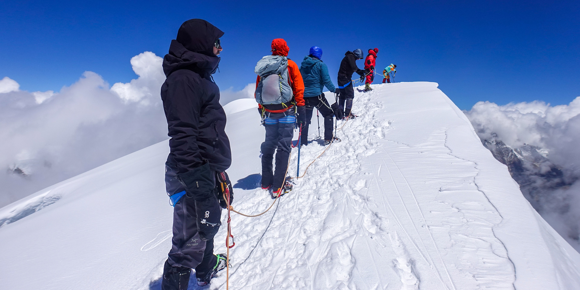 Climbers close to the summit of Mera Peak in Nepal