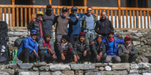 Trekking group at Tangnag on the Mera Peak trail in Nepal
