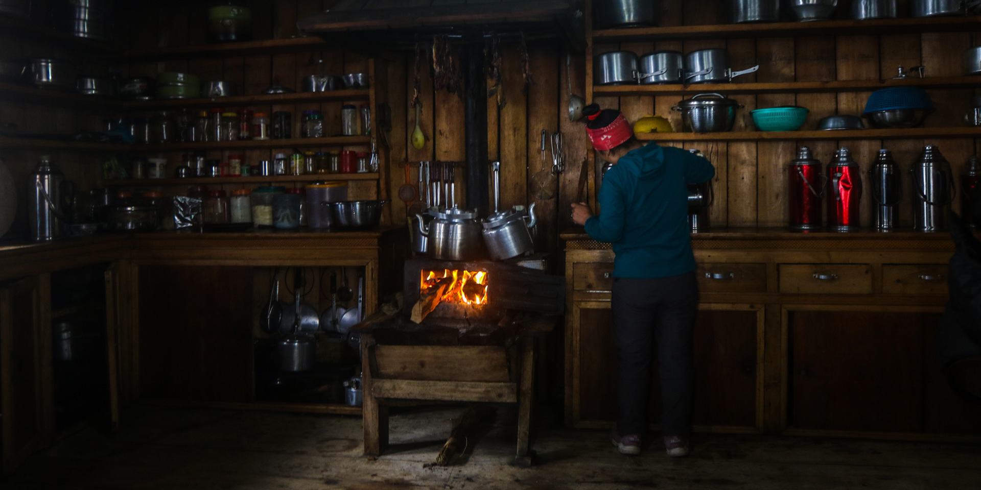 Tea house kitchen in Khote on the Mera Peak trail in Nepal