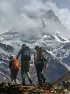Trekkers below the Mera range at Khote in the Hinku valley in Nepal