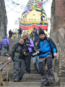 Tourist descending from the Swayambunath Stupa in the Kathmandu valley, Nepal