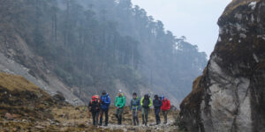Trekkers between Khote and Tangnag on the Mera Peak trail in Nepal