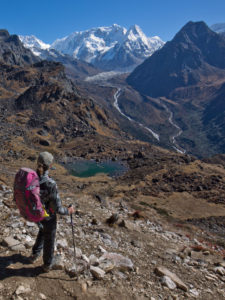 The view towards Kanchenjunga, Kabru and Rathong coming down from Sinelapse La to Cheram on the Kanchenjunga trek in Nepal