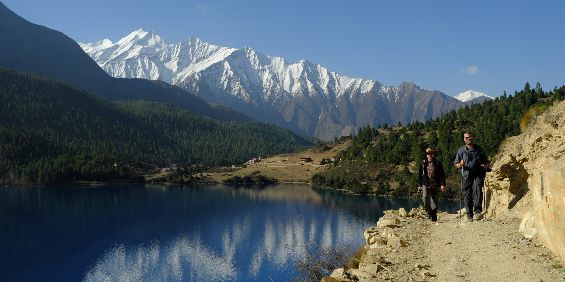 Trekkers exploring around lake Phoksundo in Dolpo, western Nepal