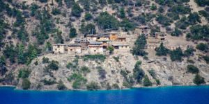 The Thasung Chhoeling monastery Bon Po monastery on the shores of Phoksundo lake in the Dolpo region of Nepal