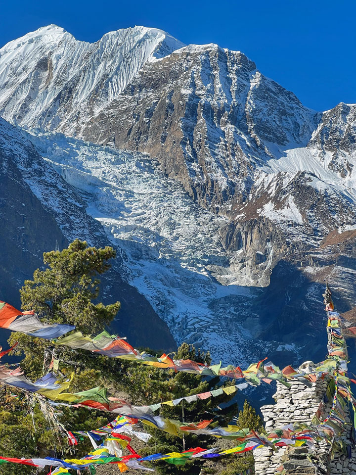 View of the Gangapurna ice fall from above Gangapurna lake near Manang on the Annapurna circuit