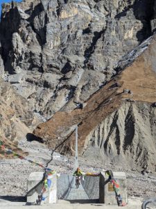 Extraordinary 360m long bridge at Thorung Phedi with spectacular cliffs in the background on the Annapurna circuit