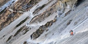 Riders on the trail to Tilicho BC on the Annapurna circuit in Nepal