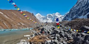 Omi Tsho (Dudh Kunda) with Ri, Khang Kharpo 6646m and Tragnak Ri 6801m in the background. On the Rolwaling trek in Nepal