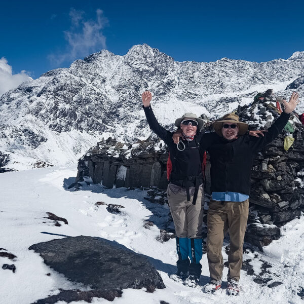 Trekkers at the pass above Panch Pokhari in the Makalu barun national part, Nepal