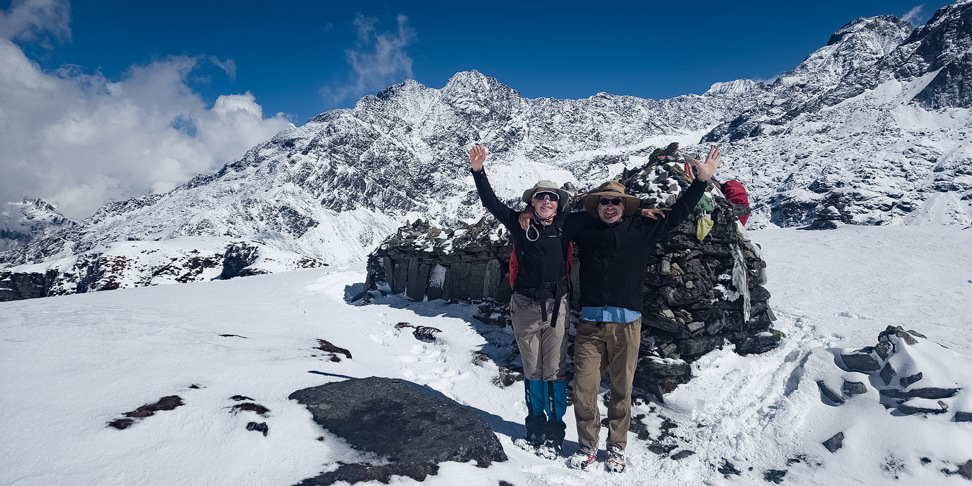 Trekkers on top of the Panch Pokhari pass © Clare Mathiasen